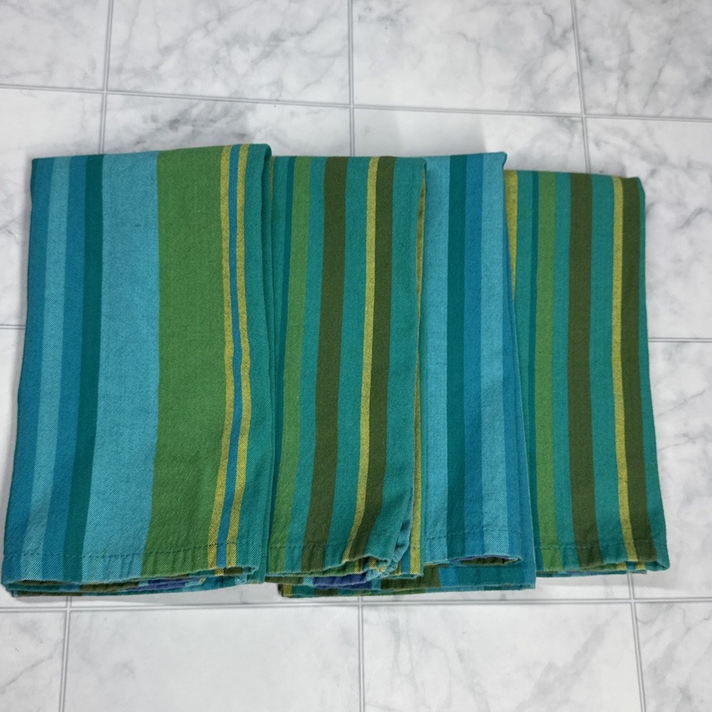 VTG Set of 4 Pier 1 Imports Dinner Napkins Teal Green Striped 20x19" Beach EUC